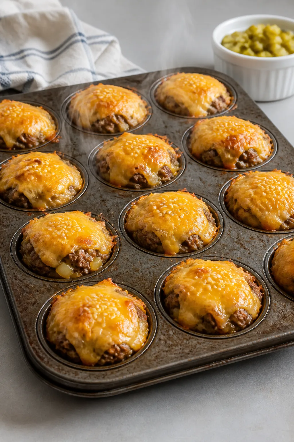 Cooking process close-up: Golden, bubbly cheeseburger snack cups just out of the oven in a well-used