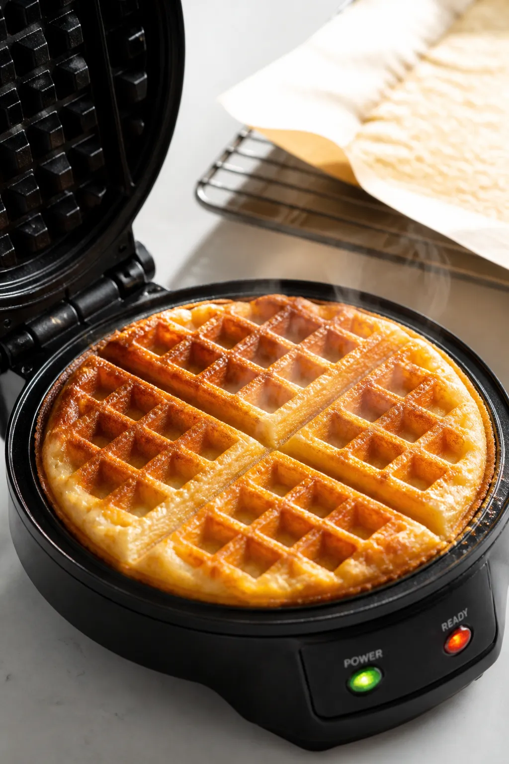 Cooking process close-up: Golden cottage cheese waffle steaming in an open waffle iron, deep grid pa