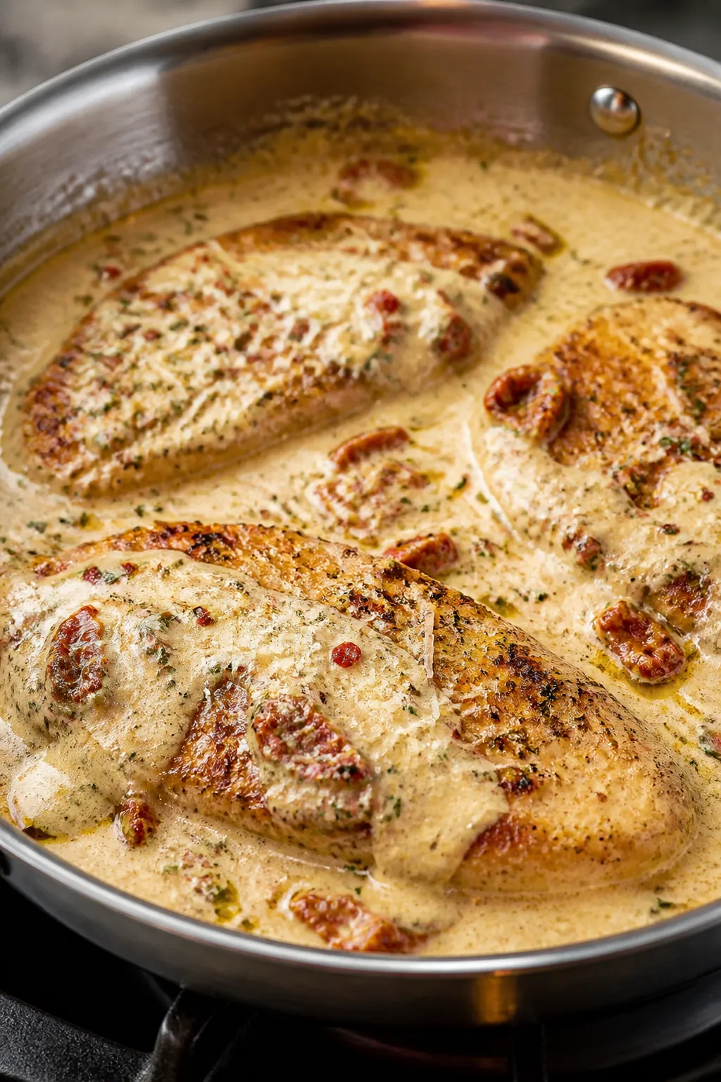 Cooking process close-up: Golden, pan-seared chicken cutlets nestled back into a silky, lightened Ma