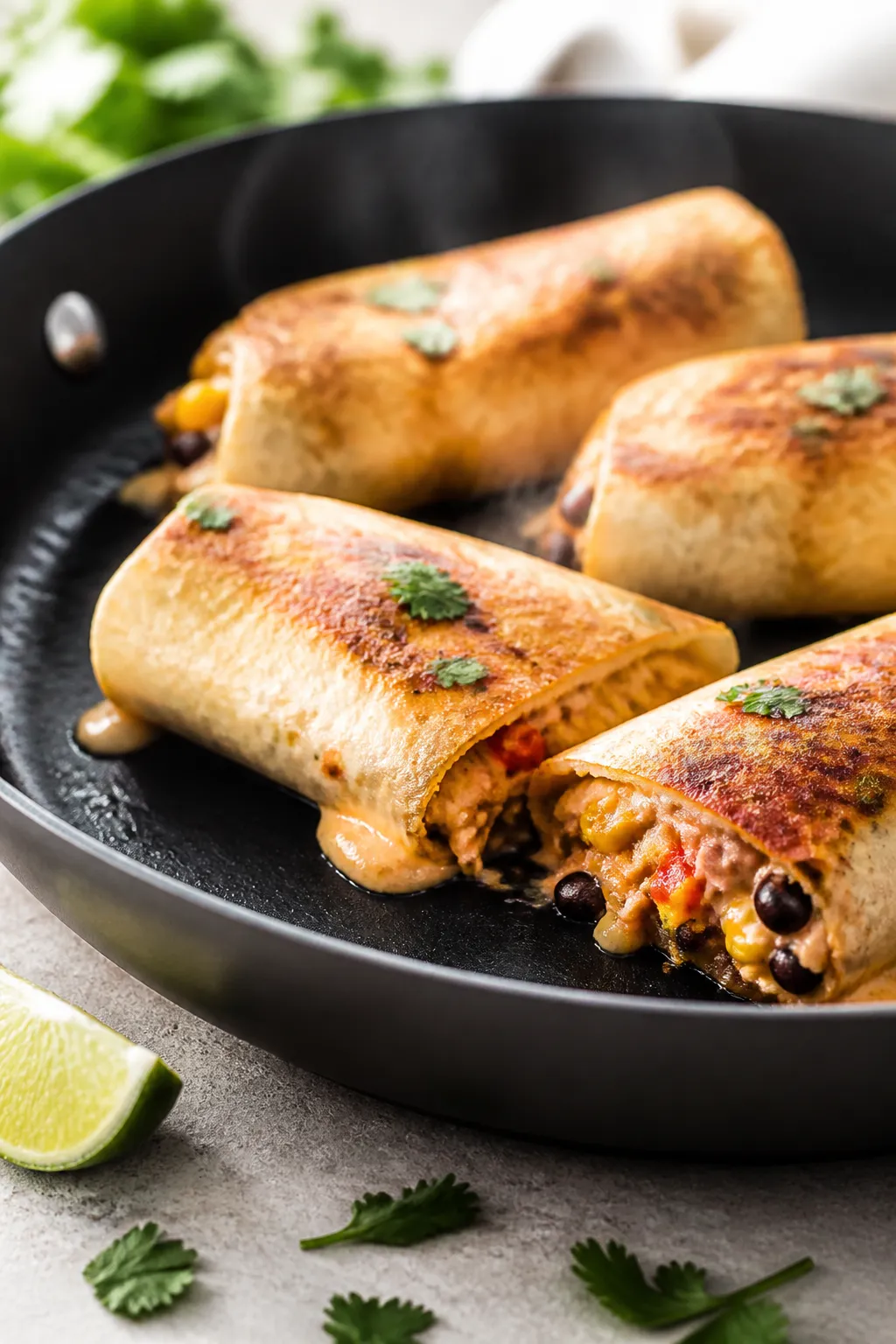 Cooking process close-up: Golden, seam-side-down Southwest chicken roll-ups toasting in a lightly oi