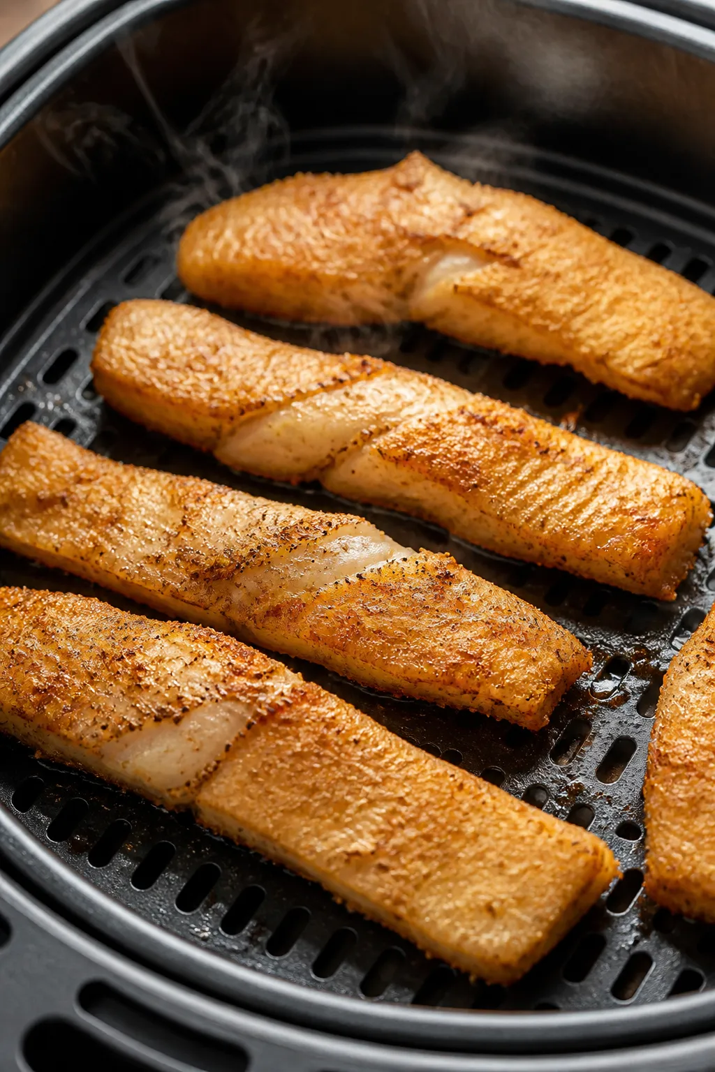 Cooking process close-up: Golden, spice-rubbed white fish strips just flipped in a preheated air fry
