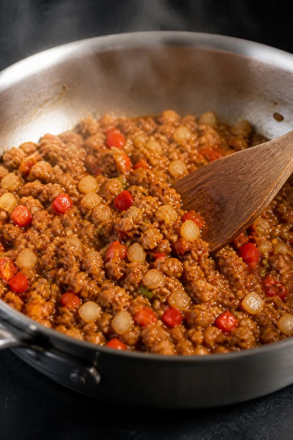 Cooking process close-up: Ground chicken lettuce wrap filling sizzling in a wide stainless skillet o