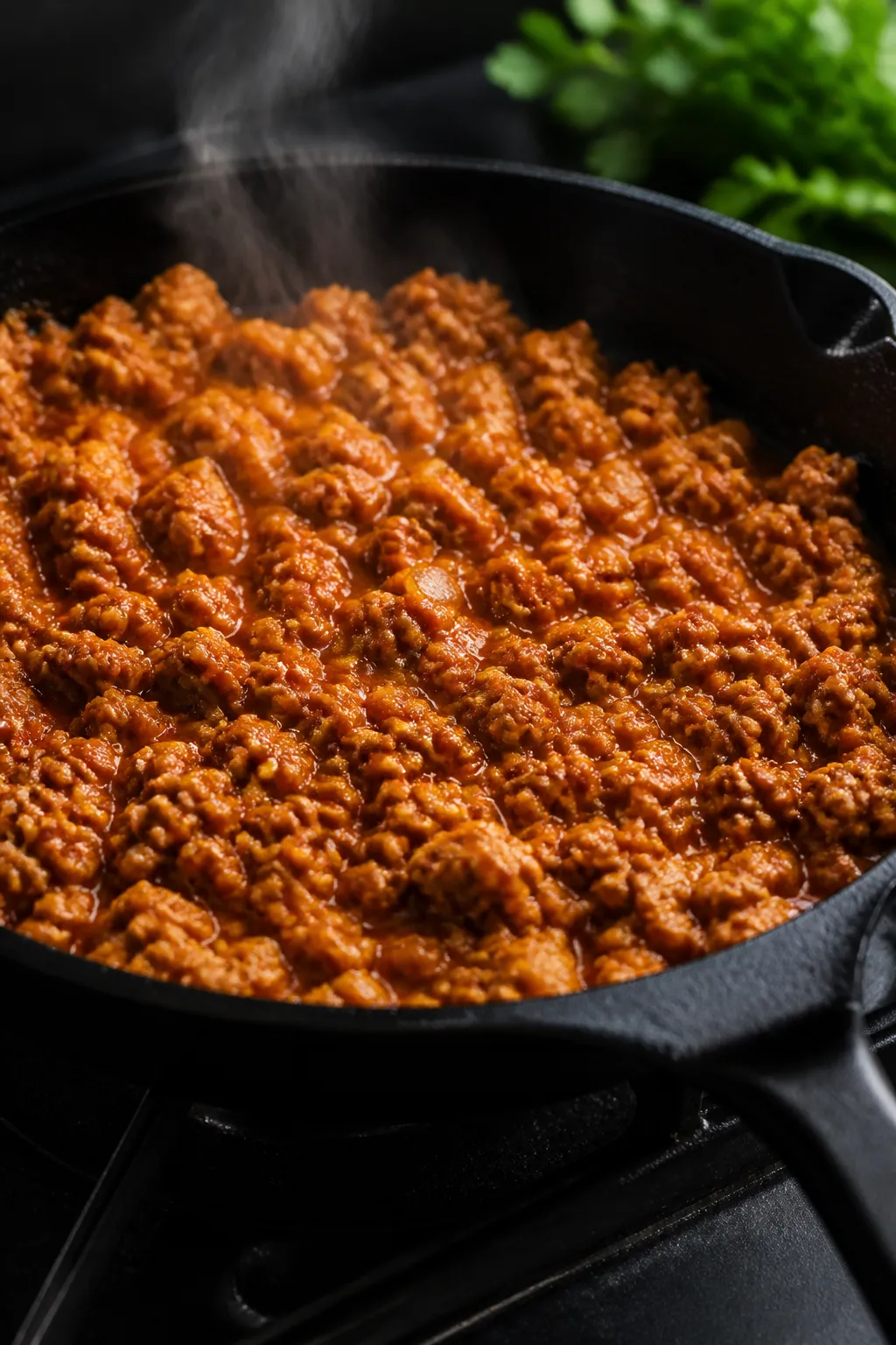 Cooking process close-up: Ground turkey sizzling in a cast-iron skillet after browning, coated in ri