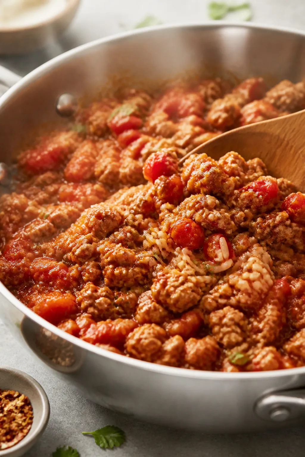 Cooking process close-up: In a stainless skillet, browned lean ground turkey simmering with diced to