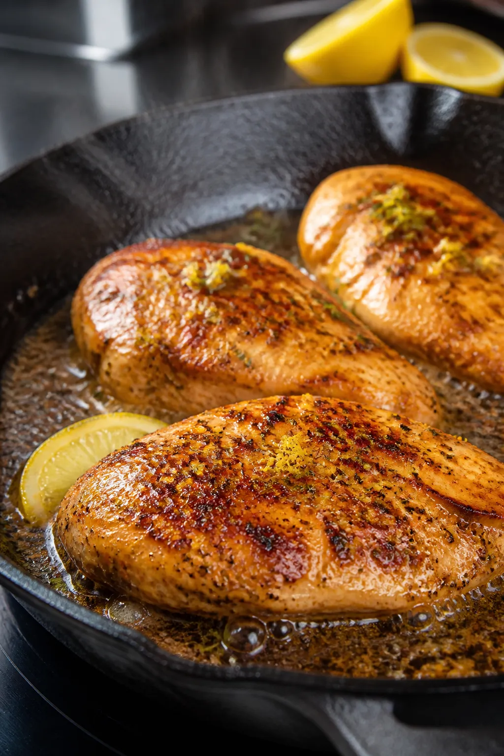 Cooking process close-up: Juicy Greek-marinated chicken breasts sizzling in a cast-iron skillet, gol