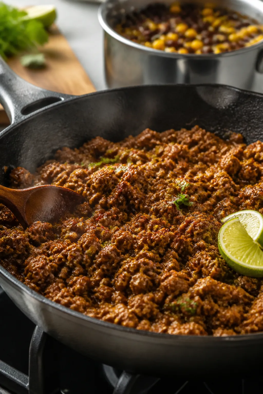 Cooking process close-up: Lean ground beef sizzling in a cast-iron skillet, lightly browned and glos