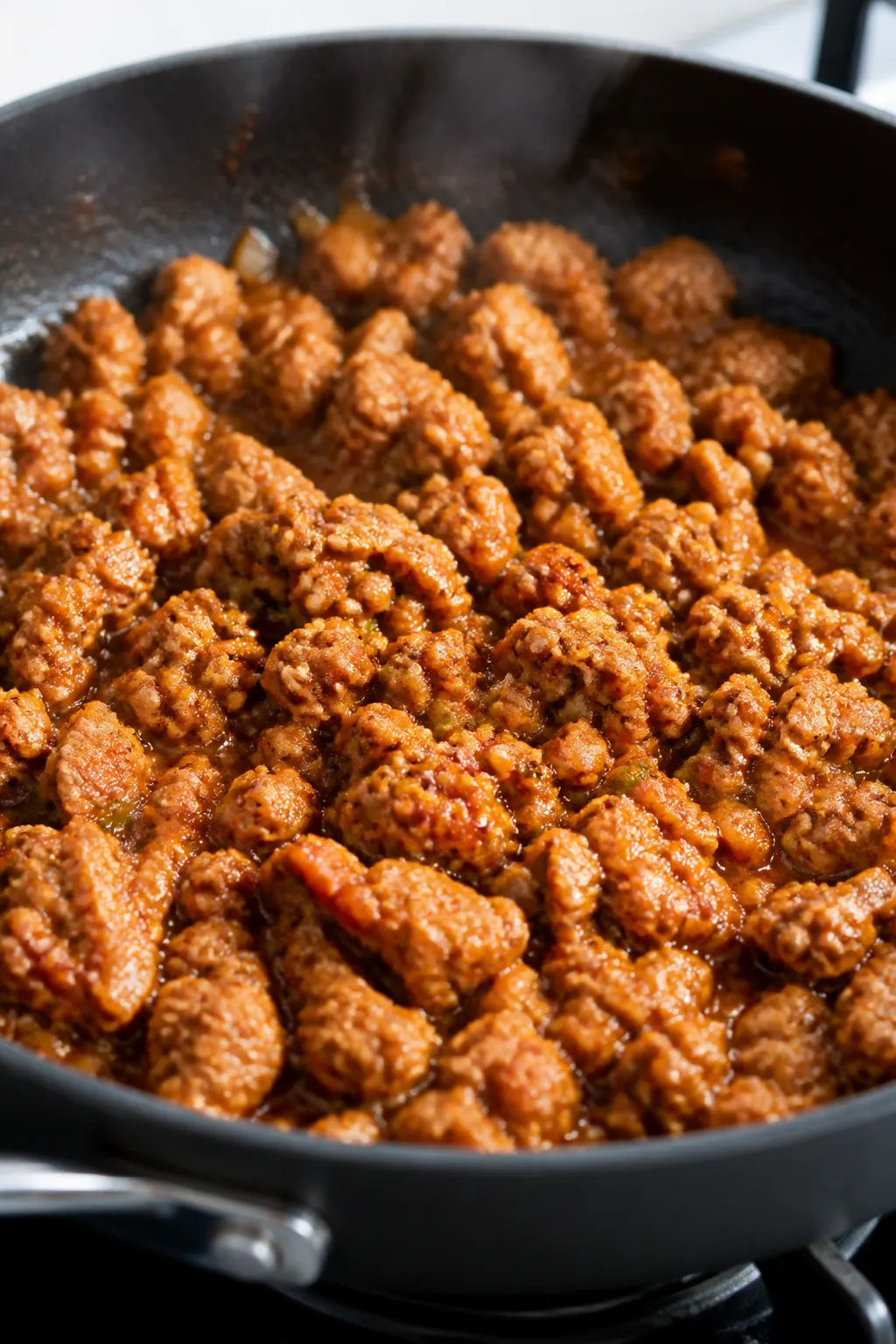 Cooking process close-up: Lean ground turkey taco filling sizzling in a wide skillet, browned crumbl