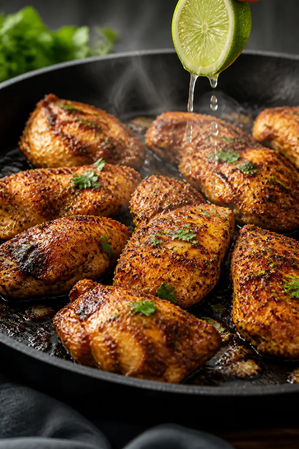 Cooking process close-up: Marinated chicken pieces sizzling in a hot skillet, golden-brown sear with