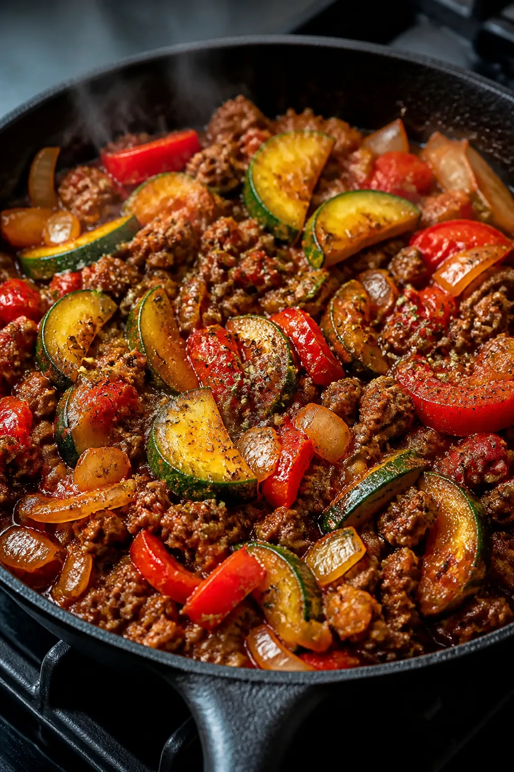 Cooking process close-up: Sautéed rainbow veggies and browned beef coming together in a cast-iron s