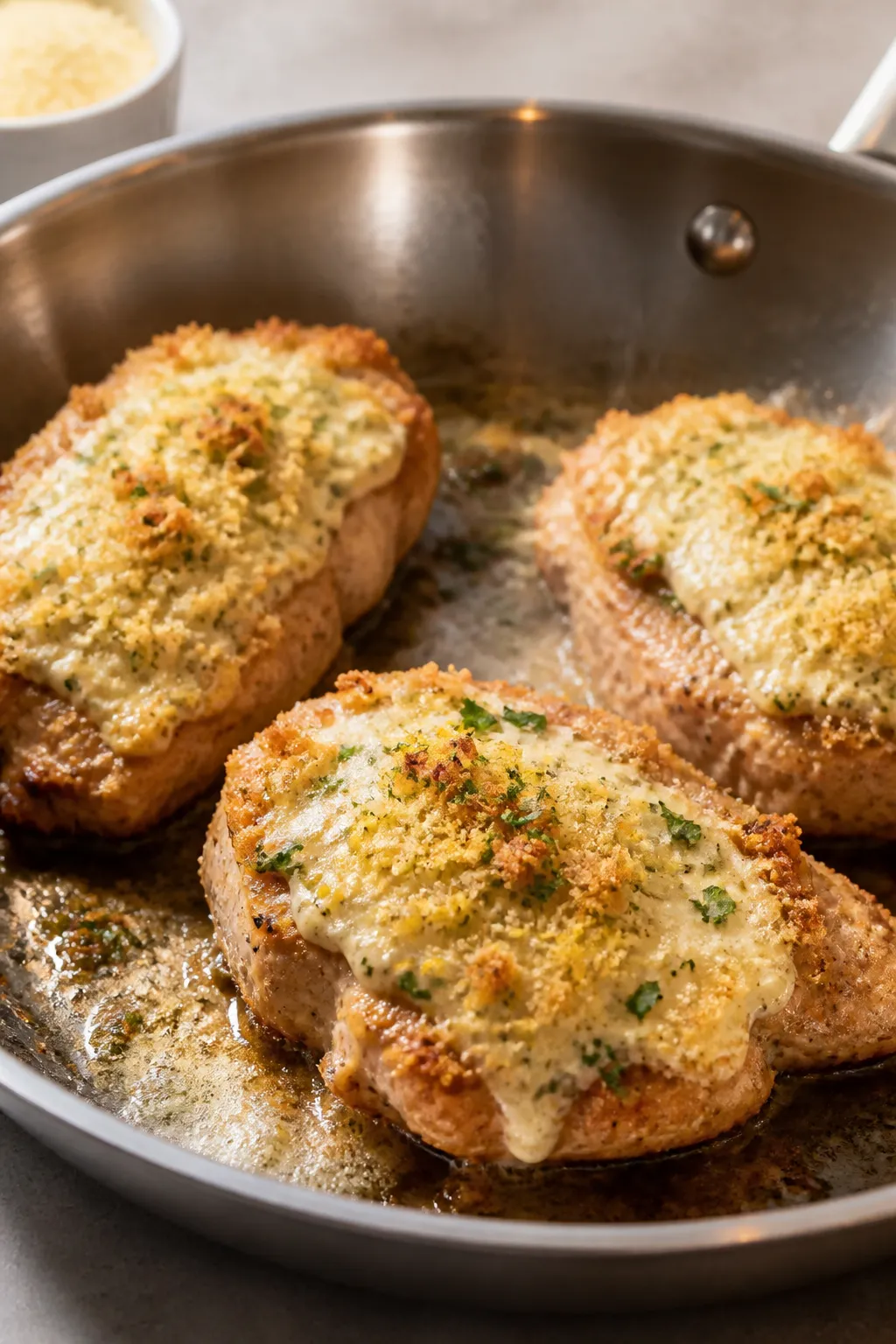Cooking process close-up: Searing garlic-Parmesan–topped chicken cutlets in a hot skillet just bef