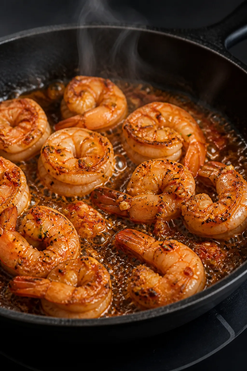 Cooking process close-up: Searing honey-lime marinated shrimp in a hot skillet, shrimp just turned p