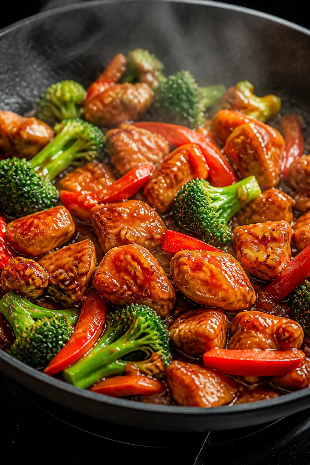 Cooking process close-up: Searing teriyaki chicken and veggies in a large skillet, mid-simmer. Golde