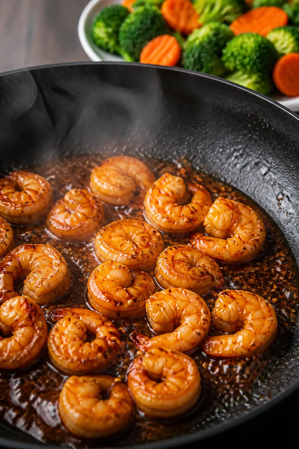 Cooking process close-up: Searing teriyaki shrimp in a large nonstick skillet, shrimp just turned pi