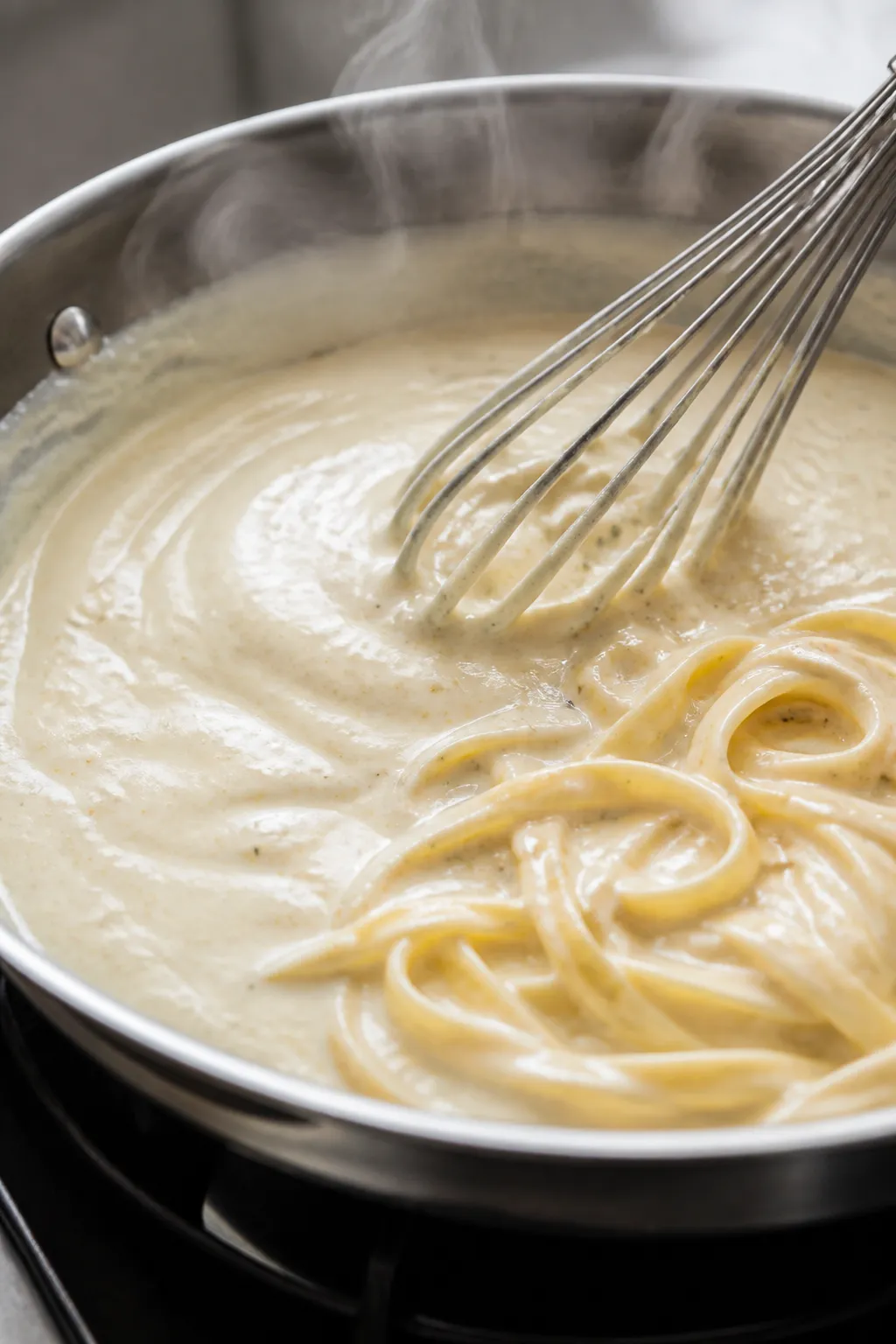 Cooking process close-up: Silky cottage cheese Alfredo sauce being whisked in a wide skillet over lo