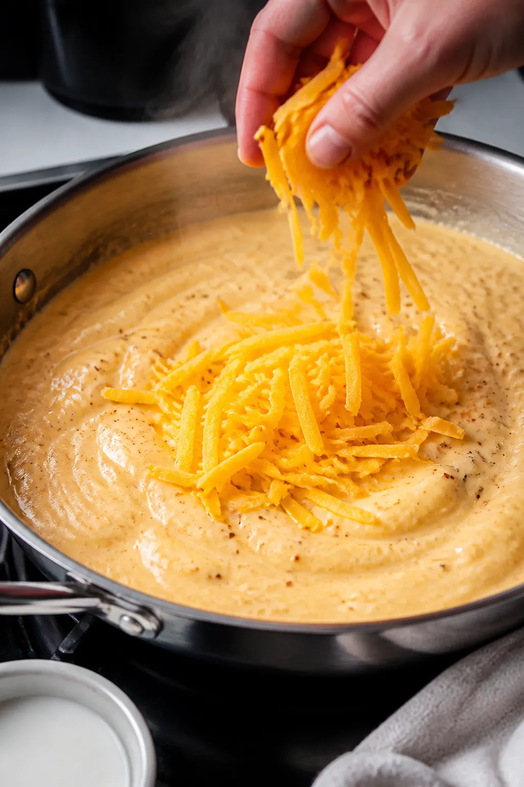 Cooking process close-up: Silky cottage-cheese mac and cheese sauce being built in a wide stainless 