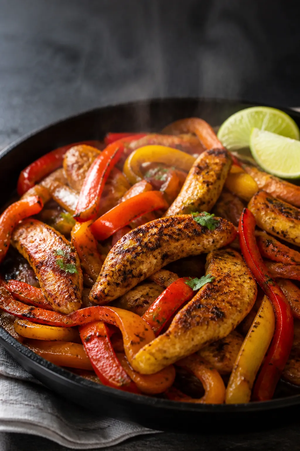 Cooking process close-up: Sizzling bite-size chicken strips and tender-crisp bell peppers/onions in