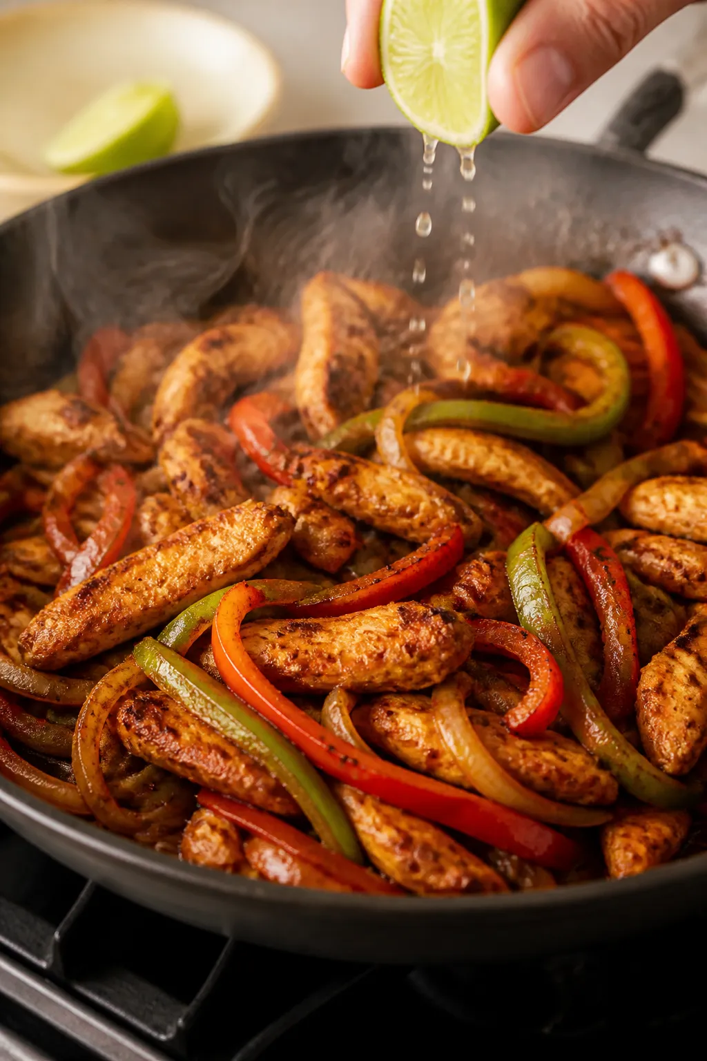 Cooking process close-up: Sizzling chicken fajitas in a nonstick skillet, thin strips of browned chi