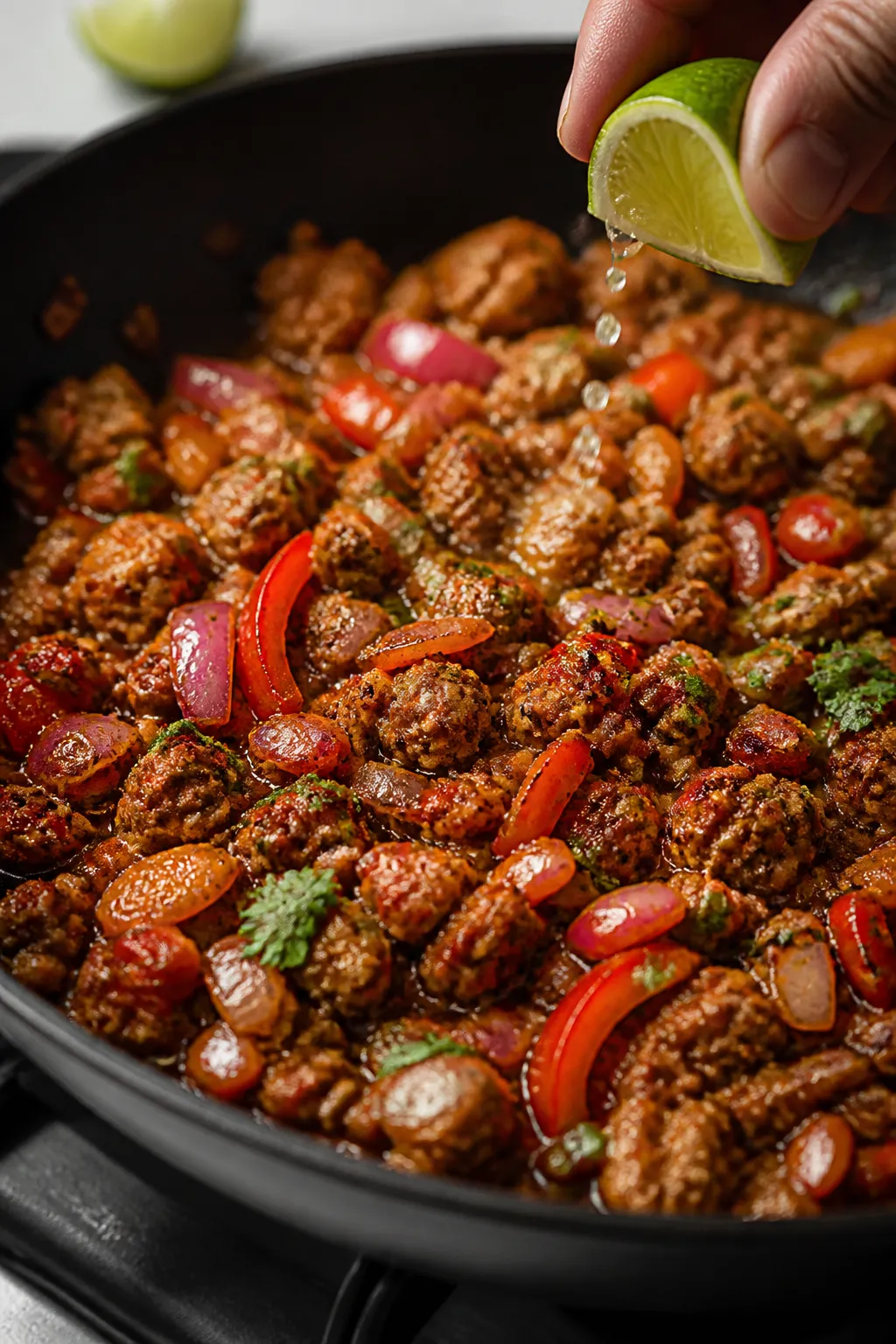 Cooking process, close-up: Sizzling ground chicken in a wide skillet, fully cooked and browned with 