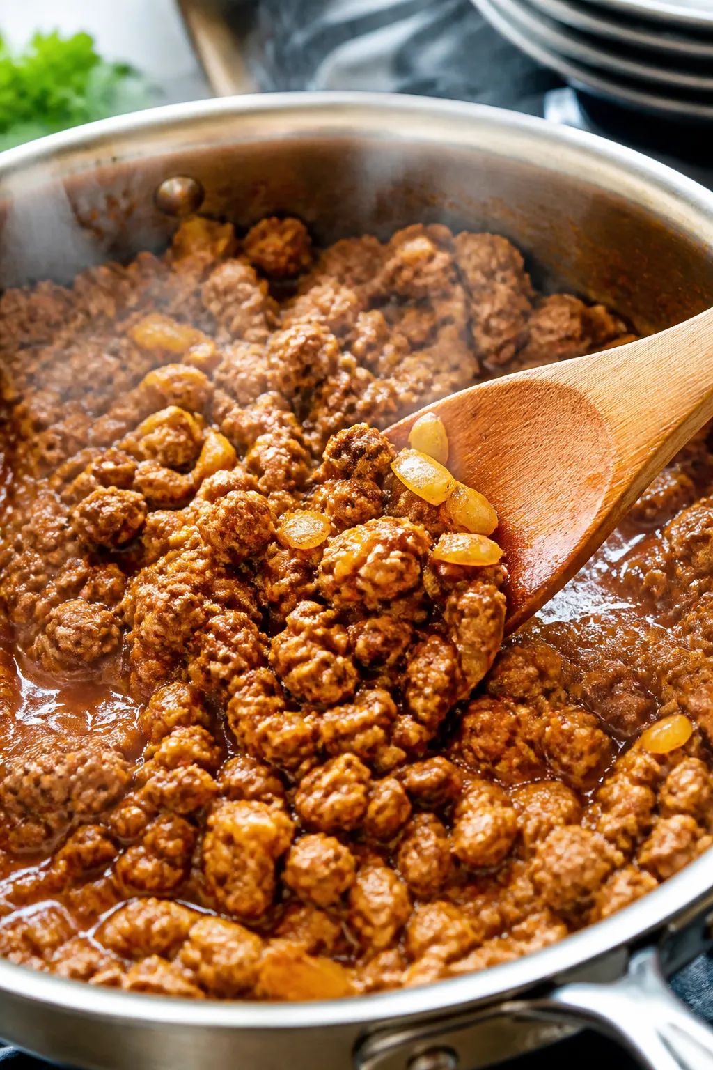 Cooking process close-up: Sizzling ground turkey in a wide stainless skillet, mid-cook after brownin