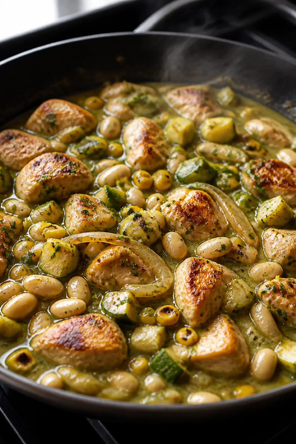 Cooking process close-up: Sizzling seared chicken bites in a wide skillet bathed in glossy tomatillo