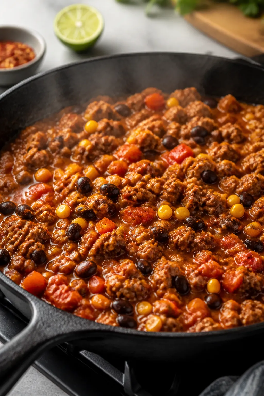 Cooking process close-up: Sizzling turkey taco skillet mid-simmer in a black cast-iron pan on the st