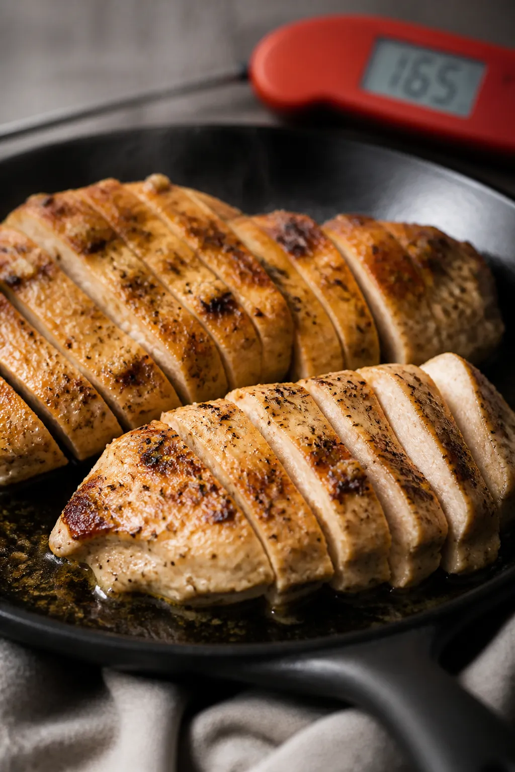 Cooking process close-up: Sliced, just-rested pan-seared chicken breasts on a warm skillet, golden-b