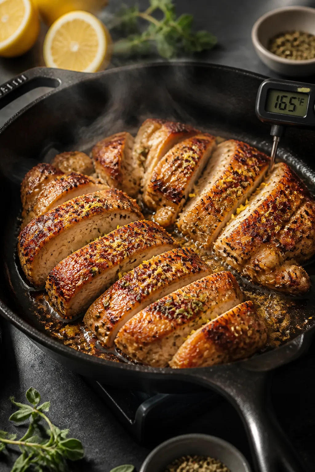 Cooking process close-up: Sliced lemon-oregano chicken searing in a hot cast-iron skillet, golden-br