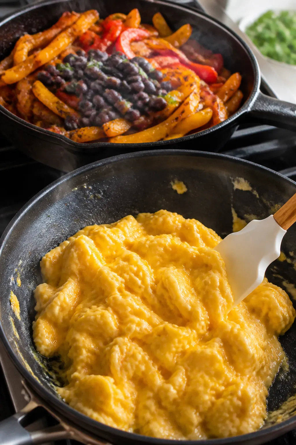 Cooking process close-up: Soft-scrambled eggs just set in a nonstick skillet over medium-low heat, g