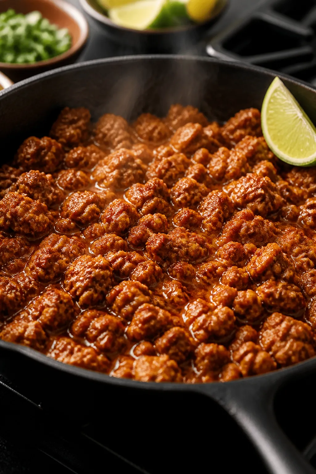 Cooking process close-up: Taco-seasoned ground turkey sizzling in a black cast-iron skillet, saucy a