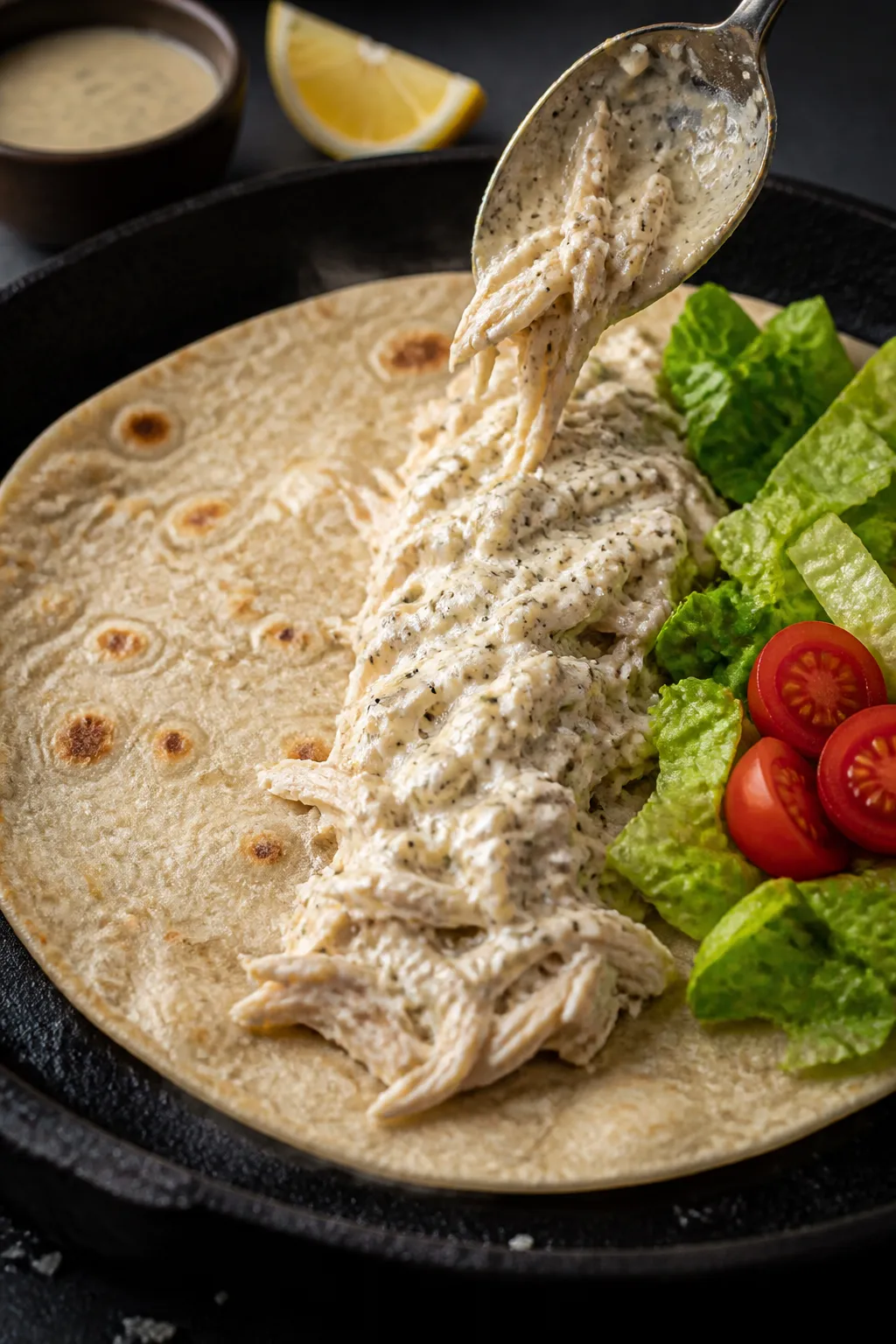 Cooking process close-up: Warm tortilla on a cast-iron skillet with slight golden blistering, a line