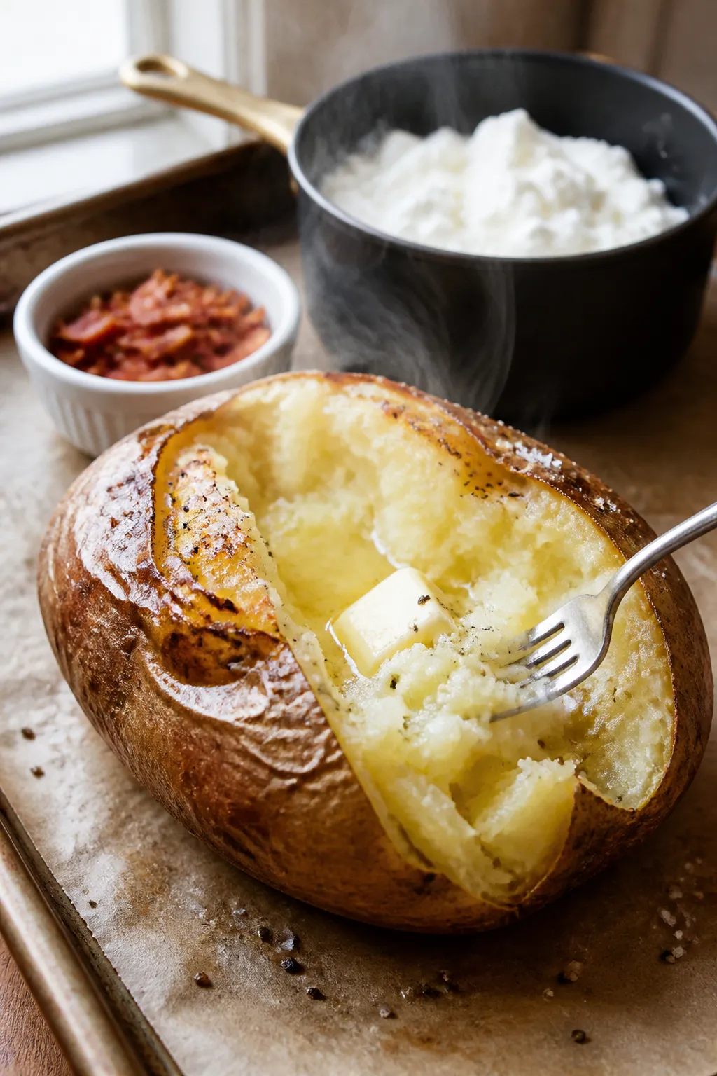 Cooking process, cozy close-up: A split, freshly baked russet potato on a parchment-lined sheet pan,