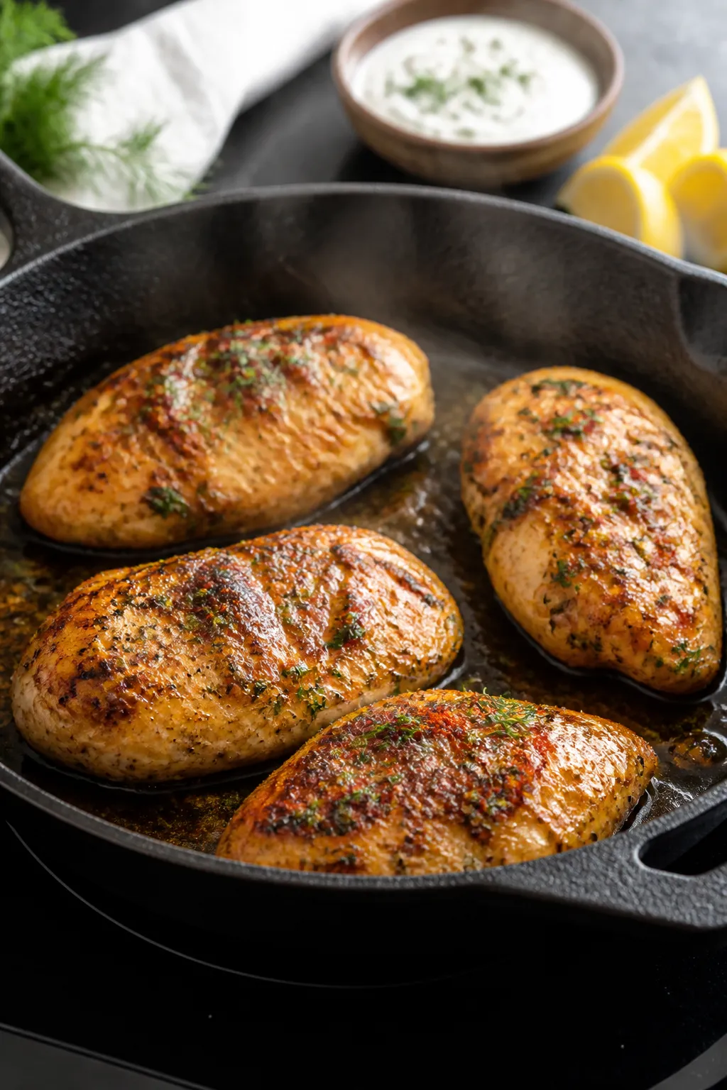 Cooking process: Golden ranch-seasoned chicken breasts sizzling in a cast-iron skillet, close-up thr