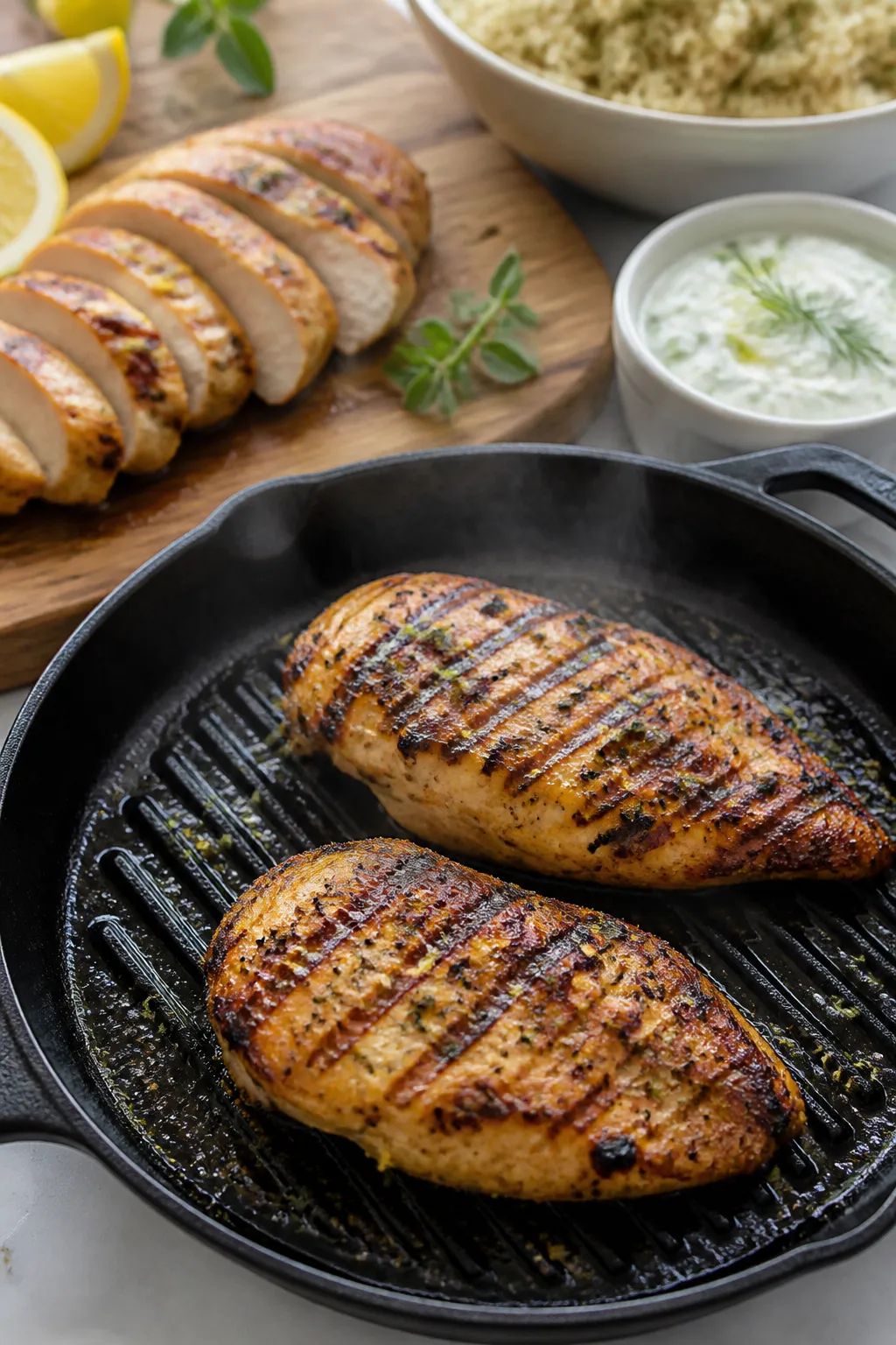 Cooking process — Greek lemon-herb chicken searing in a cast-iron grill pan, beautifully browned c