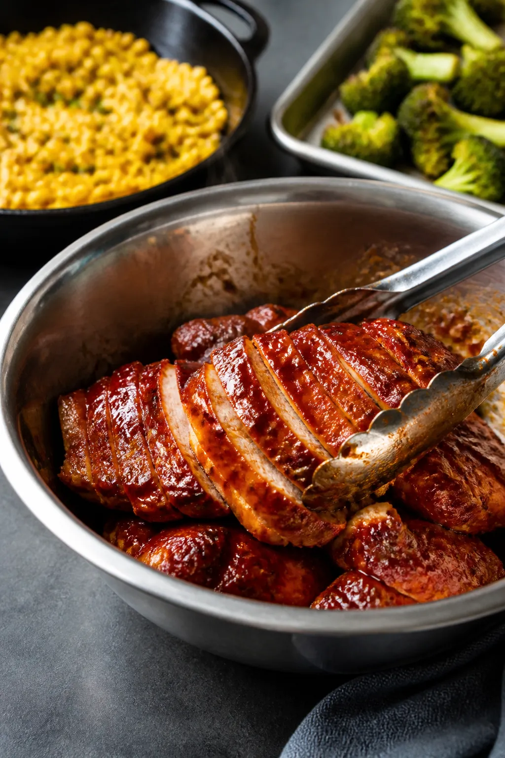 Cooking process, grill action: Sliced BBQ chicken breasts just off the grill, glistening and lacquer