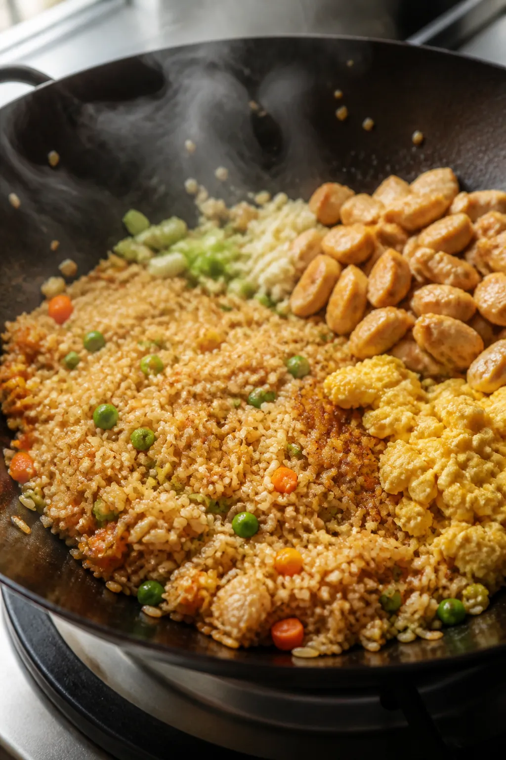 Cooking process — High Protein Chicken Fried Rice sizzling in a carbon-steel wok over medium-high