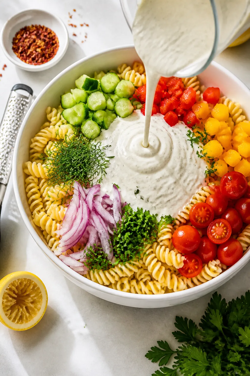 Cooking process, overhead: Al dente rotini just cooled and tossed in a large white mixing bowl with 