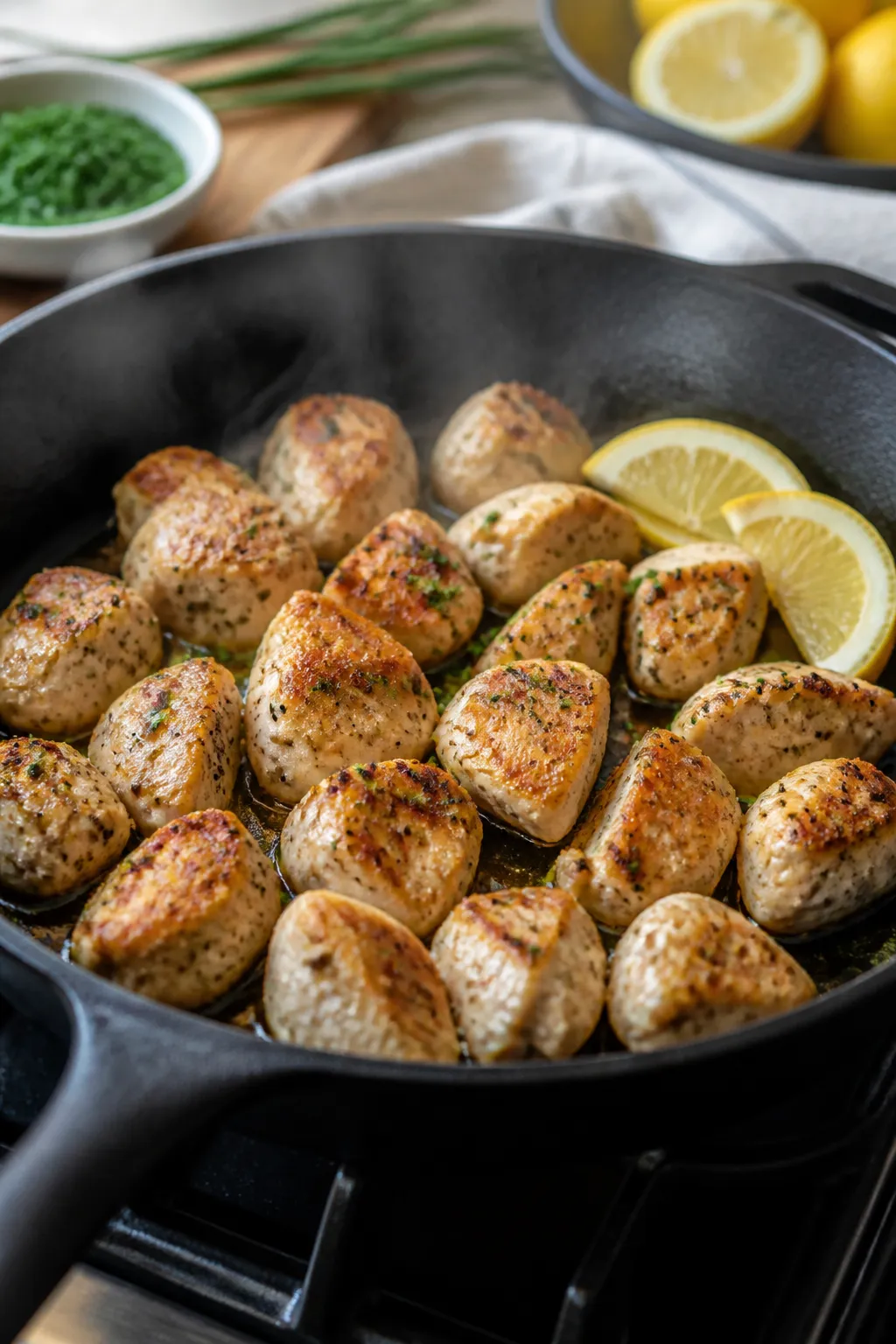 Cooking process: Ranch-seasoned chicken bites sizzling in a matte black skillet, golden-browned edge