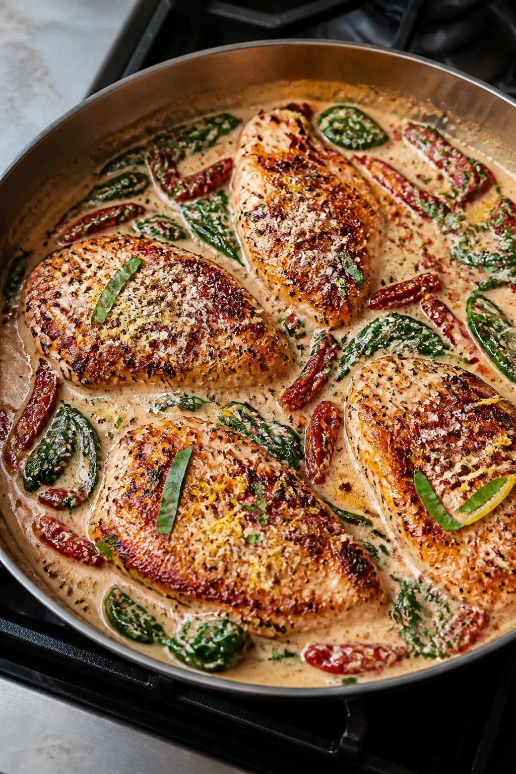Cooking process, skillet action: Golden-seared chicken breasts nestled in a wide skillet as a silky 