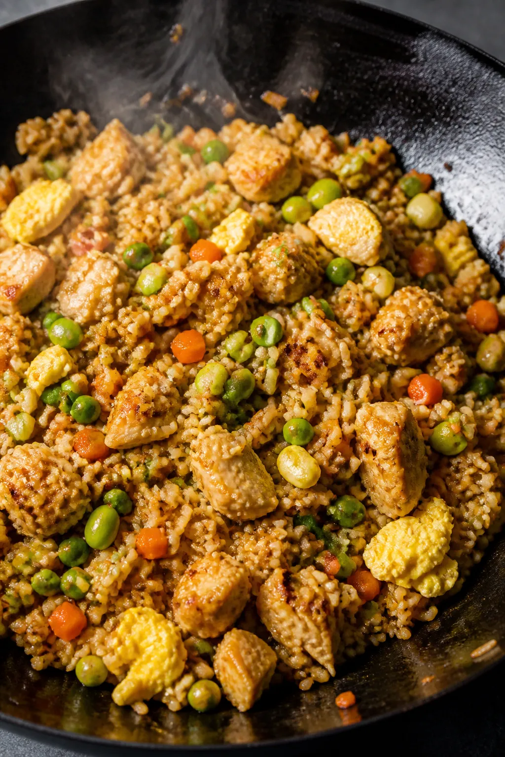 Cooking process, wok action: High-protein chicken fried rice mid-fry in a carbon steel wok over high