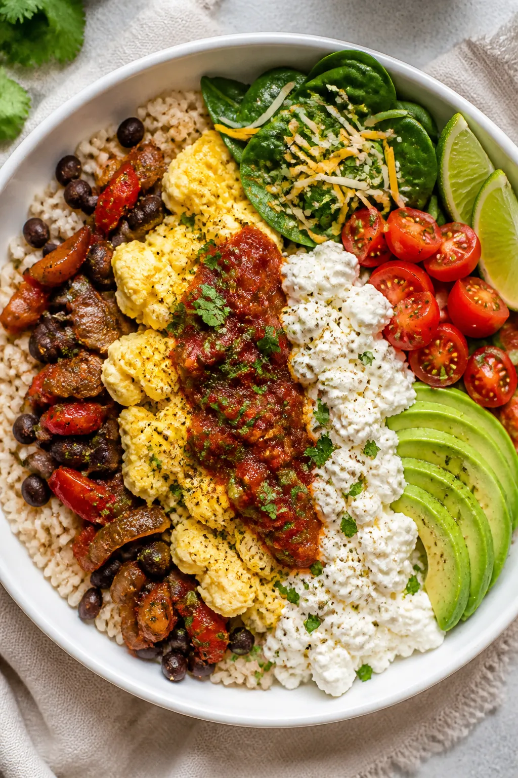 Final bowl overhead: Cottage Cheese Breakfast Burrito Bowl arranged in a wide, white ceramic bowl on