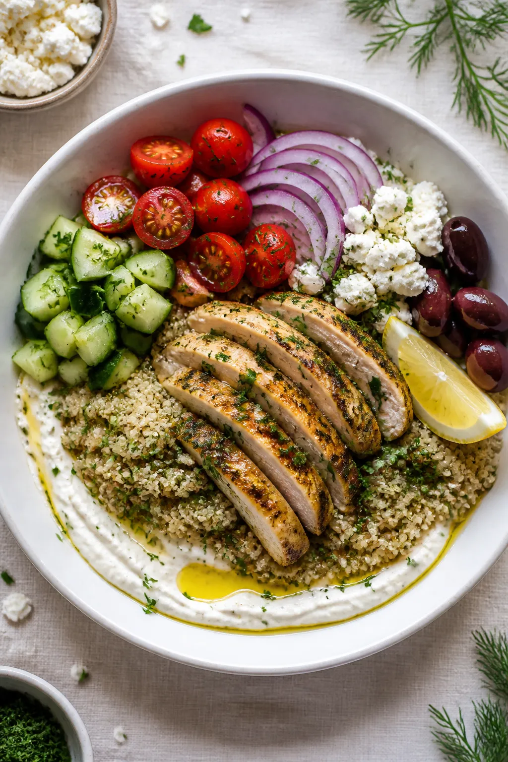 Final bowl overhead: Cottage Cheese Greek Chicken Bowl assembled and ready to eat, ; creamy blended 