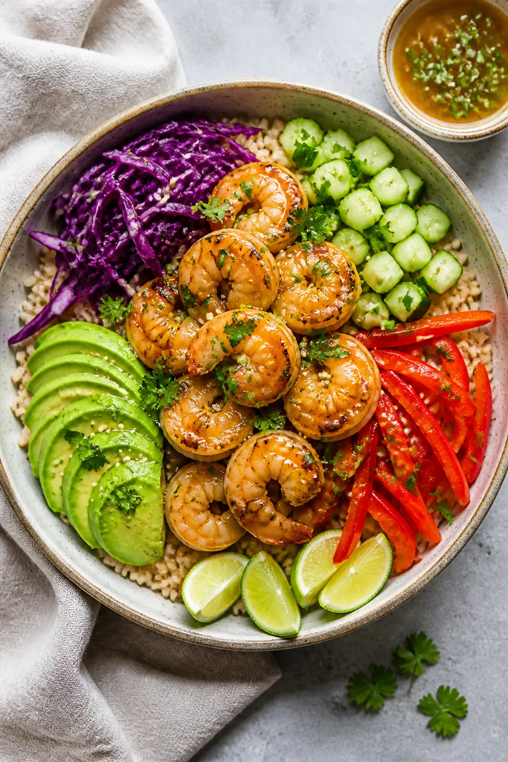 Final bowl overhead: Lean Honey Lime Shrimp Bowl arranged artfully in a wide, shallow ceramic bowl o