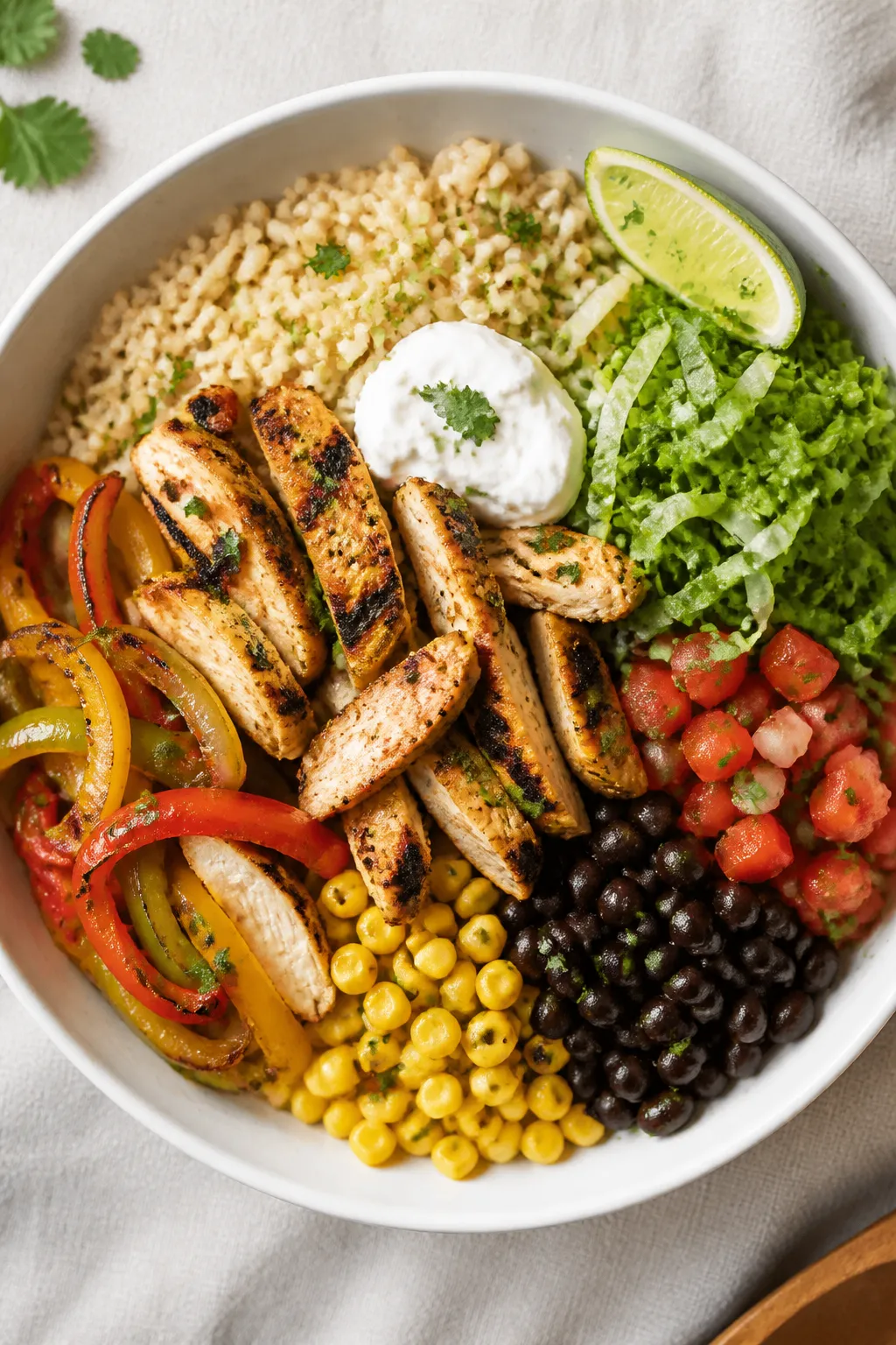 Final bowl overhead: Overhead shot of a Low Fat Chicken Fajita Bowl artfully assembled—fluffy brow