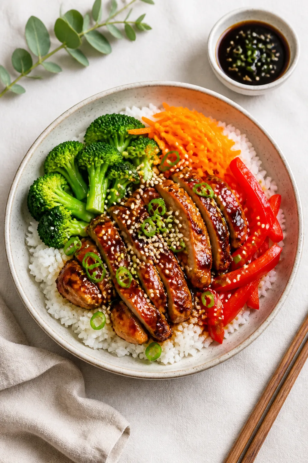 Final bowl overhead: Protein Packed Teriyaki Chicken Bowl, . Fluffy white jasmine rice base on a mat