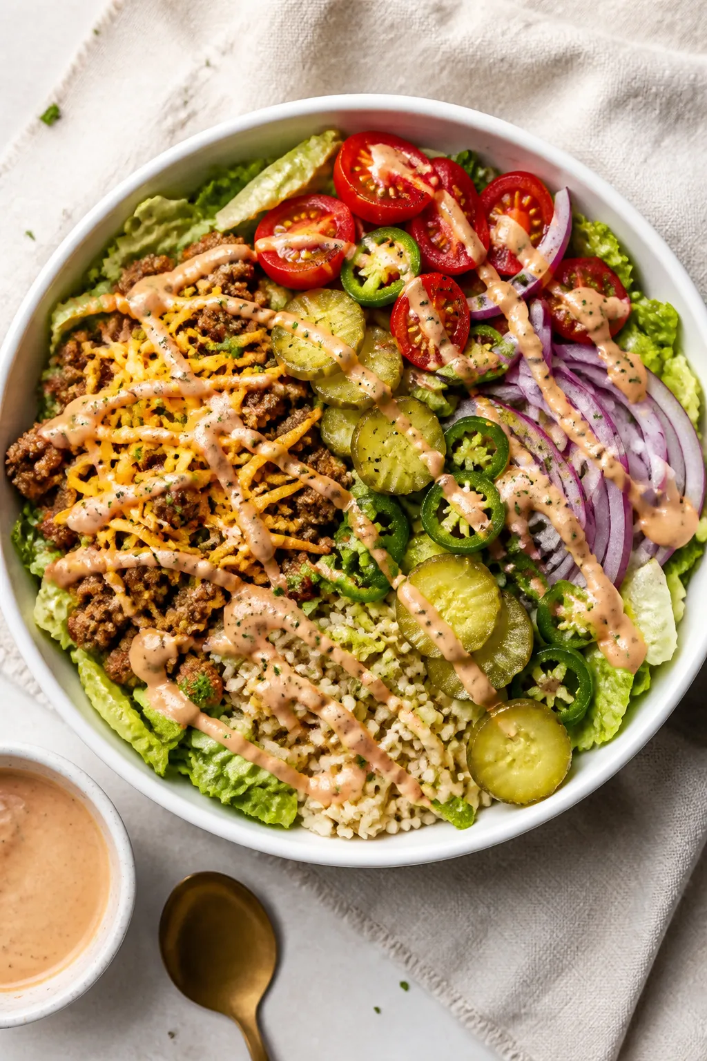 Final bowl overhead: Tasty top-down shot of a Low Fat Turkey Cheeseburger Bowl fully assembled—cri