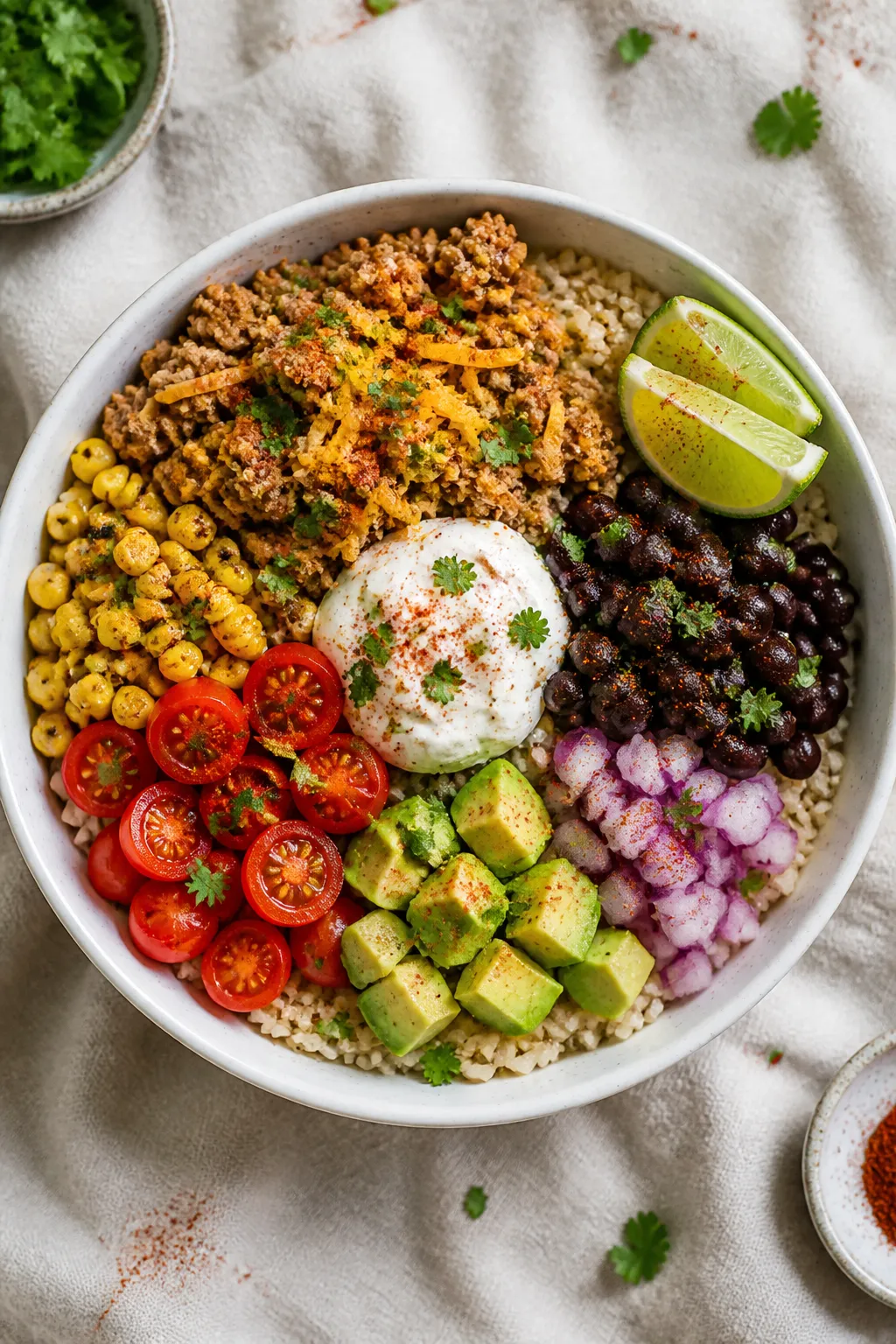 Final bowl overhead: Vibrant lean ground turkey taco bowl arranged on warm brown rice, topped with g