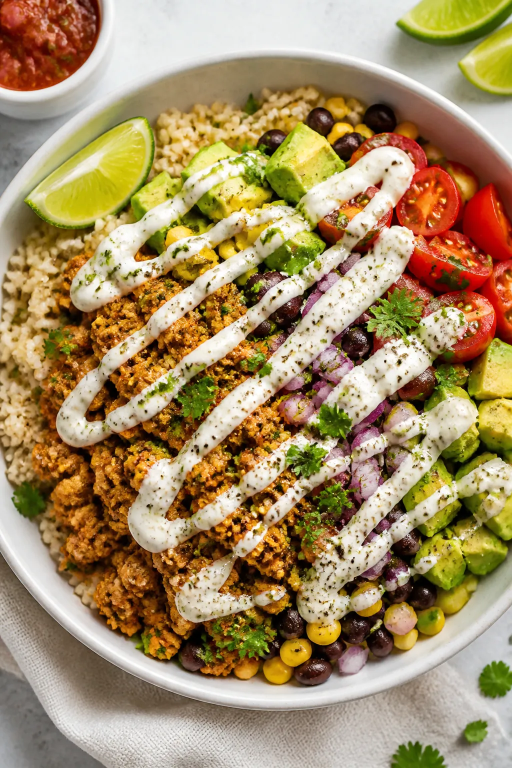 Final bowl, tasty top view: Overhead shot of Healthy Ground Chicken Burrito Bowl beautifully arrange