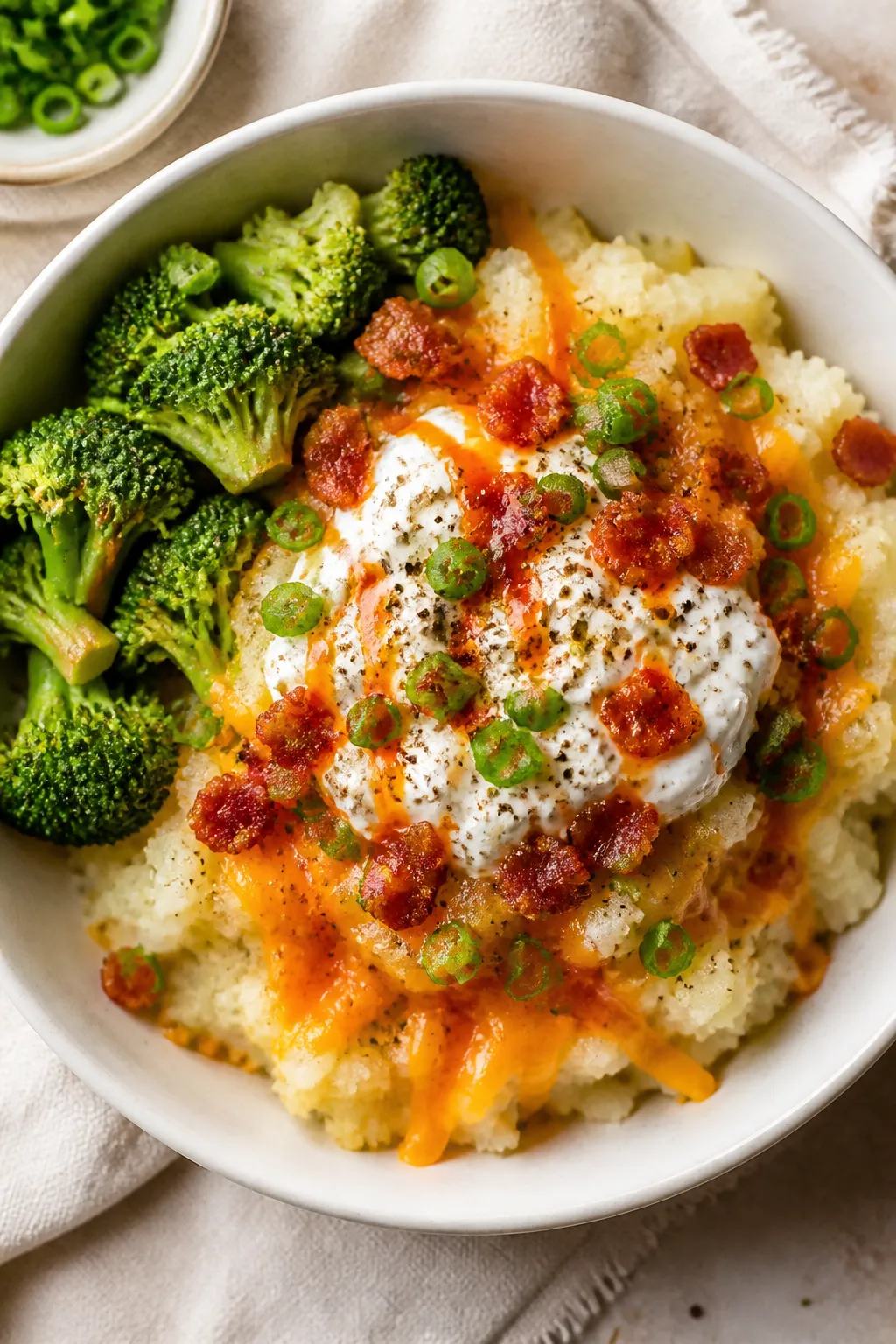 Final bowl, top view: Overhead shot of a Cottage Cheese Loaded Baked Potato Bowl in a matte white ce