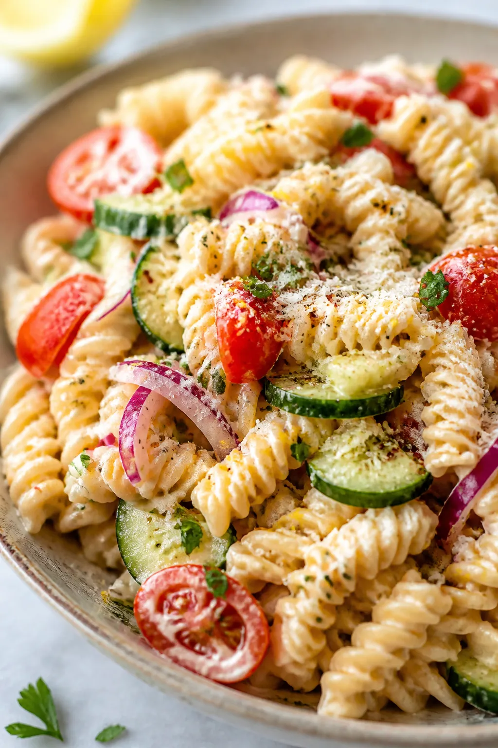 Final dish, close-up detail: Creamy cottage cheese protein pasta salad plated in a wide, shallow cer