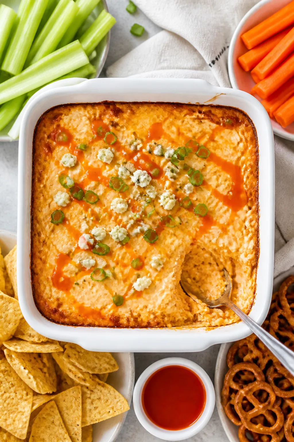 Final dish overhead: A baked, hot-and-bubbly Whipped Cottage Cheese Buffalo Chicken Dip in an 8x8 wh